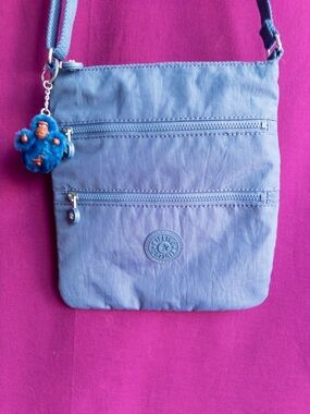 Kipling Blue Nylon Crossbody Bag Monkey Keychain Multi Pocket Travel Purse
